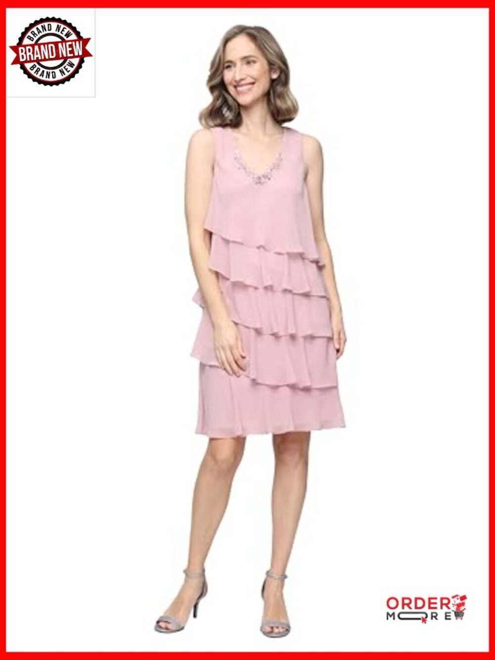 Chiffon Tiered Jacket Dress with Beaded Neckline Wedding Guest - Picture 3 of 7